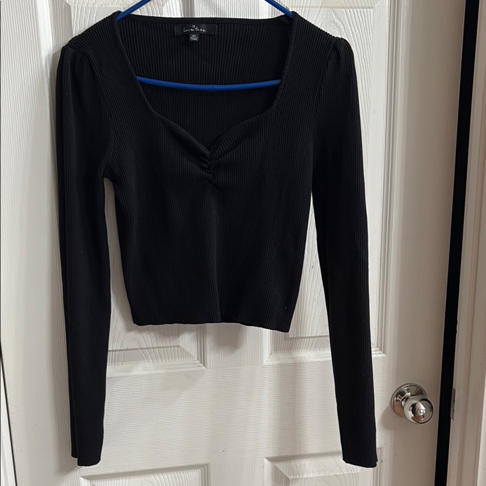 Love Tree Black Ribbed Long Sleeve Blouse